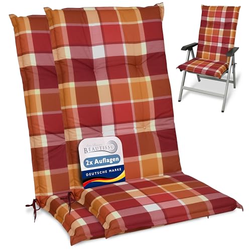 Beautissu 2er Set Hochlehner Auflagen Set Gartenstühle 120x50 cm Polster Rot Kariert – 6cm Dicke Polsterauflage Bequem, rutschfest & UV-Lichtecht 5 – Stuhlkissen Sitzauflage – Sunny RO von Beautissu