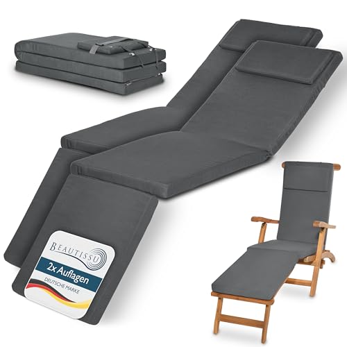 Beautissu 2er Set Luxus Deckchair Auflage Sonnenliege 175x45x5cm LoftLux DC – Bezug Abnehmbar – Polsterauflage für Liegestuhl Auflage Gartenliege Polster – Liegenauflage Gartenmöbel Kissen Graphitgrau von Beautissu