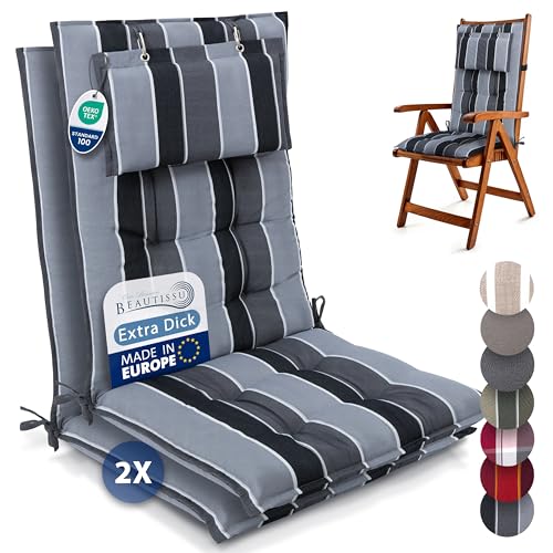Beautissu 2er Set Premium Hochlehner Auflage Kopfpolster 120x50cm Sun-HL – 8cm Dick Polster Gartenstuhlauflage rutschfest Befestigungsbänder UV-Lichtechtheit 5 – Robust Stoff Anthrazit Gestreift Beautissu 2er Set Premium Hochlehner Auflage Kopfpolster 120x50cm Sun-HL – 8cm Dick Polster Gartenstuhlauflage rutschfest Befestigungsbänder UV-Lichtechtheit 5 – Robust Stoff Anthrazit Gestreift von Beautissu