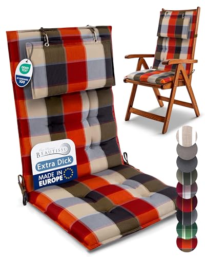 Beautissu 2er Set Premium Hochlehner Auflage Kopfpolster 120x50cm Sun-HL – 8cm Dick Polster Gartenstuhlauflage rutschfest Befestigungsbänder UV-Lichtechtheit 5 – Robust Stoff Orange Beige kariert Beautissu 2er Set Premium Hochlehner Auflage Kopfpolster 120x50cm Sun-HL – 8cm Dick Polster Gartenstuhlauflage rutschfest Befestigungsbänder UV-Lichtechtheit 5 – Robust Stoff Orange Beige kariert von Beautissu