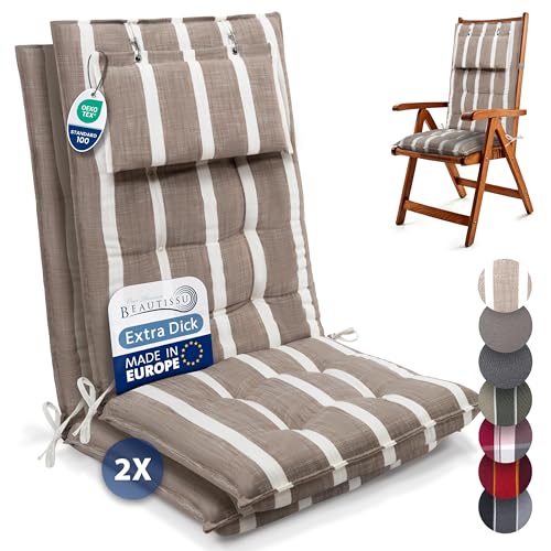 Beautissu 2er Set Premium Hochlehner Auflage mit Kopfpolster 120x50cm Sun-HL – 8cm Dick Polster Gartenstuhlauflage rutschfest Befestigungsbänder UV-Lichtechtheit 5 – Robust Stoff Beige Weiß Gestreift von Beautissu