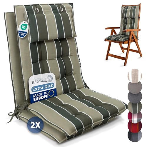 Beautissu 2er Set Premium Hochlehner Auflage mit Kopfpolster 120x50cm Sun-HL – 8cm Dick Polster Gartenstuhlauflage rutschfest Befestigungsbänder UV-Lichtechtheit 5 – Robust Stoff Grün Gestreift von Beautissu