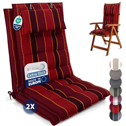 Beautissu 2er Set Premium Hochlehner Auflage mit Kopfpolster 120x50cm Sun-HL – 8cm Dick Polster Gartenstuhlauflage rutschfest Befestigungsbänder UV-Lichtechtheit 5 – Robust Stoff Rot Gestreift Beautissu 2er Set Premium Hochlehner Auflage mit Kopfpolster 120x50cm Sun-HL – 8cm Dick Polster Gartenstuhlauflage rutschfest Befestigungsbänder UV-Lichtechtheit 5 – Robust Stoff Rot Gestreift von Beautissu
