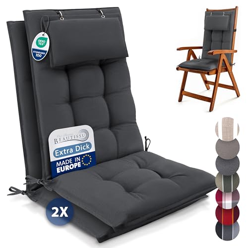 Beautissu 2er Set Premium Hochlehner Auflage mit Kopfpolster 120x50cm Sun-HL – 8cm Dick Polster Gartenstuhlauflage rutschfest Befestigungsbänder UV-Lichtechtheit 5 – Robust Stoff Uni Anthrazit Beautissu 2er Set Premium Hochlehner Auflage mit Kopfpolster 120x50cm Sun-HL – 8cm Dick Polster Gartenstuhlauflage rutschfest Befestigungsbänder UV-Lichtechtheit 5 – Robust Stoff Uni Anthrazit von Beautissu