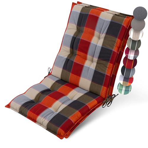 Beautissu 2er Set Premium Niedriglehner Auflage Gartenstuhl 100x50cm Sun-NL – 8cm Dick Polster Gartenstuhlauflage rutschfest Befestigungsbänder UV-Lichtechtheit 5 – Robust Orange-Beige kariert von Beautissu
