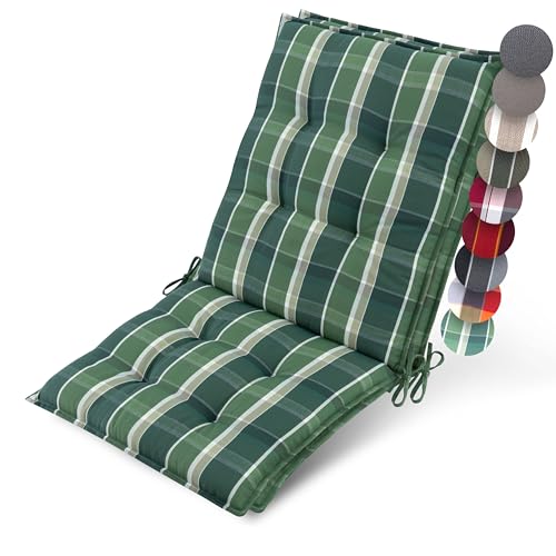 Beautissu 2er Set Premium Niedriglehner Auflage Gartenstuhl 100x50cm Sun-NL – 8cm Dick Polster Gartenstuhlauflage rutschfest Befestigungsbänder UV-Lichtechtheit 5 – Robust Stoff Grün kariert von Beautissu
