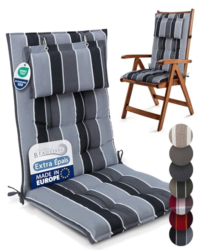 Beautissu 3er Set Premium Hochlehner Auflage Kopfpolster 120x50cm Sun-HL – 8cm Dick Polster Gartenstuhlauflage rutschfest Befestigungsbänder UV-Lichtechtheit 5 – Robust Stoff Anthrazit gestreift von Beautissu