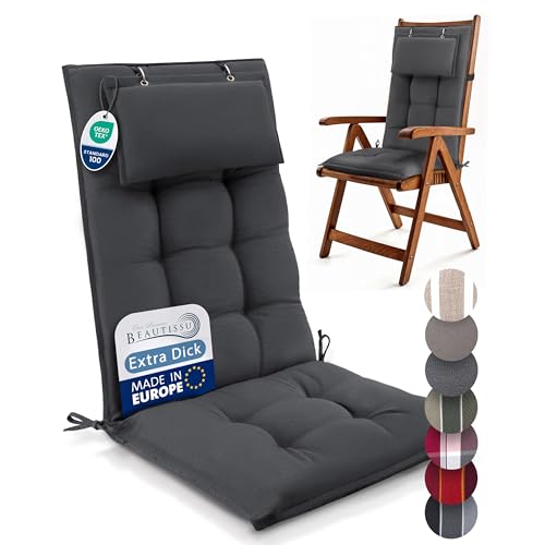 Beautissu 3er Set Premium Hochlehner Auflage Kopfpolster 120x50cm Sun-HL – 8cm Dick Polster Gartenstuhlauflage rutschfest Befestigungsbänder UV-Lichtechtheit 5 – Robust Stoff Anthrazit von Beautissu