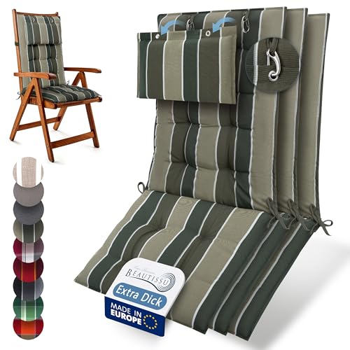 Beautissu 3er Set Premium Hochlehner Auflage Kopfpolster 120x50cm Sun-HL – 8cm Dick Polster Gartenstuhlauflage rutschfest Befestigungsbänder UV-Lichtechtheit 5 – Robust Stoff Grün gestreift von Beautissu