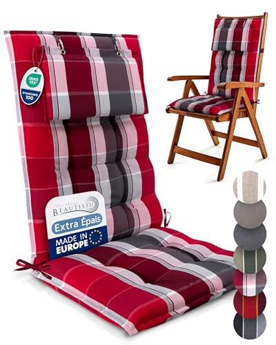 Beautissu 3er Set Premium Hochlehner Auflage Kopfpolster 120x50cm Sun-HL – 8cm Dick Polster Gartenstuhlauflage rutschfest Befestigungsbänder UV-Lichtechtheit 5 – Robust Stoff Rot Anthrazit gestreift von Beautissu