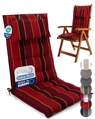 Beautissu 3er Set Premium Hochlehner Auflage Kopfpolster 120x50cm Sun-HL – 8cm Dick Polster Gartenstuhlauflage rutschfest Befestigungsbänder UV-Lichtechtheit 5 – Robust Stoff Rot gestreift von Beautissu