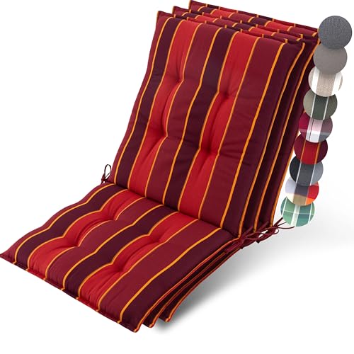 Beautissu 3er Set Premium Niedriglehner Auflage Gartenstuhl 100x50cm Sun-NL – 8cm Dick Polster Gartenstuhlauflage rutschfest Befestigungsbänder UV-Lichtechtheit 5 – Robust Stoff Rot Gestreift von Beautissu