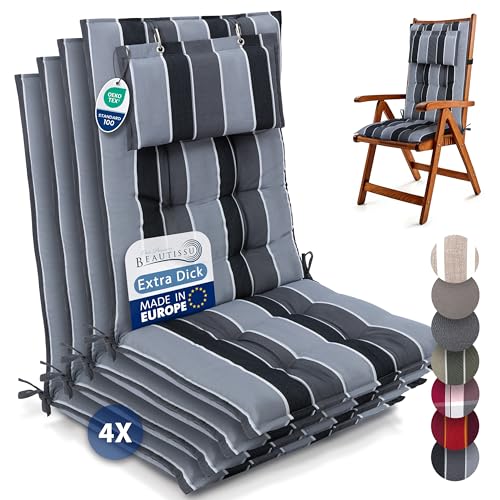 Beautissu 4er Set Premium Hochlehner Auflage Kopfpolster 120x50cm Sun-HL – 8cm Dick Polster Gartenstuhlauflage rutschfest Befestigungsbänder UV-Lichtechtheit 5 – Robust Stoff Anthrazit Gestreift von Beautissu