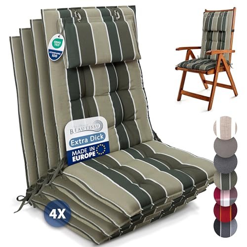 Beautissu 4er Set Premium Hochlehner Auflage mit Kopfpolster 120x50cm Sun-HL – 8cm Dick Polster Gartenstuhlauflage rutschfest Befestigungsbänder UV-Lichtechtheit 5 – Robust Stoff Grün Gestreift von Beautissu