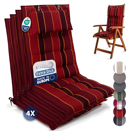 Beautissu 4er Set Premium Hochlehner Auflage mit Kopfpolster 120x50cm Sun-HL – 8cm Dick Polster Gartenstuhlauflage rutschfest Befestigungsbänder UV-Lichtechtheit 5 – Robust Stoff Rot Gestreift von Beautissu