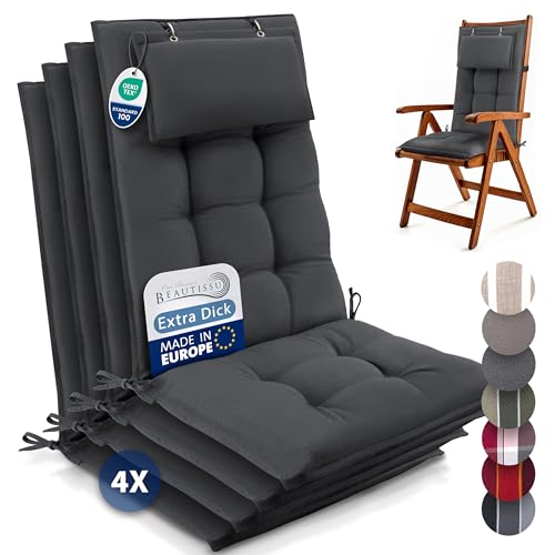 Beautissu 4er Set Premium Hochlehner Auflage mit Kopfpolster 120x50cm Sun-HL – 8cm Dick Polster Gartenstuhlauflage rutschfest Befestigungsbänder UV-Lichtechtheit 5 – Robust Stoff Uni Anthrazit Beautissu 4er Set Premium Hochlehner Auflage mit Kopfpolster 120x50cm Sun-HL – 8cm Dick Polster Gartenstuhlauflage rutschfest Befestigungsbänder UV-Lichtechtheit 5 – Robust Stoff Uni Anthrazit von Beautissu