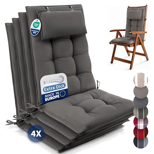 Beautissu 4er Set Premium Hochlehner Auflage mit Kopfpolster 120x50cm Sun-HL – 8cm Dick Polster Gartenstuhlauflage rutschfest Befestigungsbänder UV-Lichtechtheit 5 – Robust Stoff Uni Taupe von Beautissu