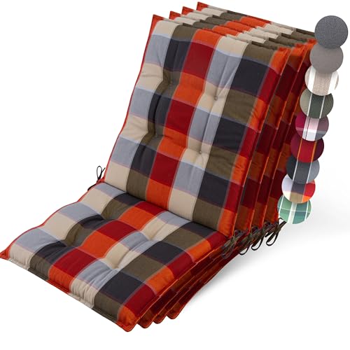 Beautissu 4er Set Premium Niedriglehner Auflage Gartenstuhl 100x50cm Sun-NL – 8cm Dick Polster Gartenstuhlauflage rutschfest Befestigungsbänder UV-Lichtechtheit 5 – Robust Orange-Beige kariert von Beautissu
