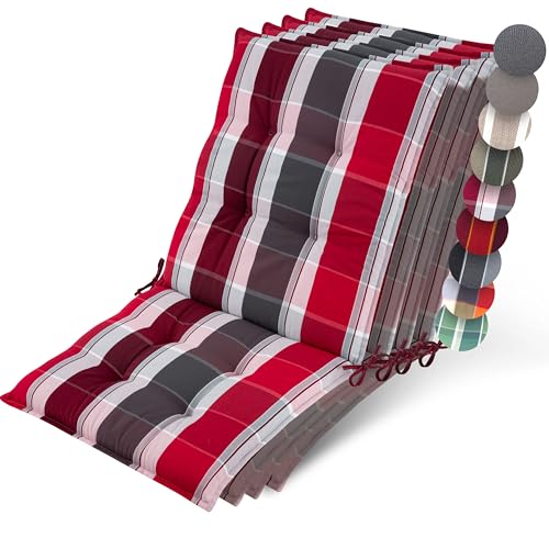 Beautissu 4er Set Premium Niedriglehner Auflage Gartenstuhl 100x50cm Sun-NL – 8cm Dick Polster Gartenstuhlauflage rutschfest Befestigungsbänder UV-Lichtechtheit 5 – Robust Rot-Anthrazit Gestreift von Beautissu