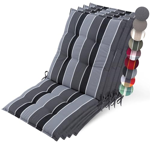 Beautissu 4er Set Premium Niedriglehner Auflage Gartenstuhl 100x50cm Sun-NL – 8cm Dick Polster Gartenstuhlauflage rutschfest Befestigungsbänder UV-Lichtechtheit 5 – Robust Stoff Anthrazit Gestreift von Beautissu