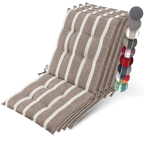 Beautissu 4er Set Premium Niedriglehner Auflage Gartenstuhl 100x50cm Sun-NL – 8cm Dick Polster Gartenstuhlauflage rutschfest Befestigungsbänder UV-Lichtechtheit 5 – Robust Stoff Beige-Weiß Gestreift von Beautissu
