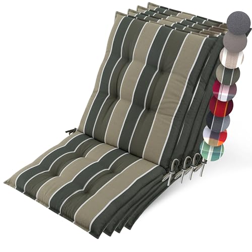 Beautissu 4er Set Premium Niedriglehner Auflage Gartenstuhl 100x50cm Sun-NL – 8cm Dick Polster Gartenstuhlauflage rutschfest Befestigungsbänder UV-Lichtechtheit 5 – Robust Stoff Grün Gestreift von Beautissu