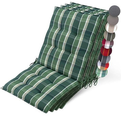 Beautissu 4er Set Premium Niedriglehner Auflage Gartenstuhl 100x50cm Sun-NL – 8cm Dick Polster Gartenstuhlauflage rutschfest Befestigungsbänder UV-Lichtechtheit 5 – Robust Stoff Grün kariert von Beautissu