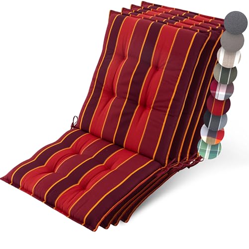 Beautissu 4er Set Premium Niedriglehner Auflage Gartenstuhl 100x50cm Sun-NL – 8cm Dick Polster Gartenstuhlauflage rutschfest Befestigungsbänder UV-Lichtechtheit 5 – Robust Stoff Rot Gestreift von Beautissu