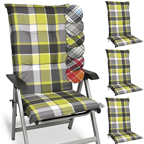 Beautissu 4er Set Hochlehner Auflagen Set Gartenstühle 120x50 cm Polster Grün Kariert – 6cm Dicke Polsterauflage Bequem, rutschfest & UV-Lichtecht 5 – Stuhlkissen Sitzauflage – Sunny GR von Beautissu