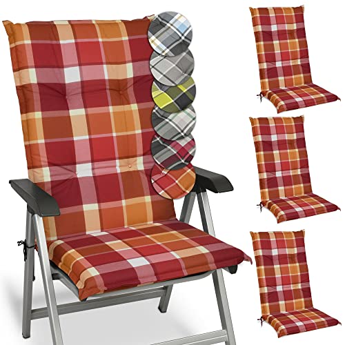 Beautissu 4er Set Sunny RO Hochlehner Auflagen Set für Gartenstühle 120x50 cm Polster in Rot Kariert - Bequeme Gartenstuhl Stuhlkissen Polsterauflagen mit UV-Lichtecht von Beautissu