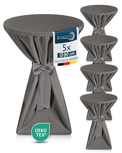 Beautissu 5X Premium Stehtischhusse Blickdicht Anthrazit Ø 80-85 cm – rutschfest Bügelfrei & 40°C Waschbar Stehtischüberzug mit Schleifenband – Husse für Stehtisch Bistrotisch Bartisch Gastronomie von Beautissu