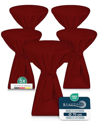 Beautissu 5X Premium Stehtischhusse Blickdicht Bordeaux Ø 70-75 cm – rutschfest Bügelfrei & 40°C Waschbar Stehtischüberzug mit Schleifenband – Husse für Stehtisch Bistrotisch Bartisch Gastronomie von Beautissu