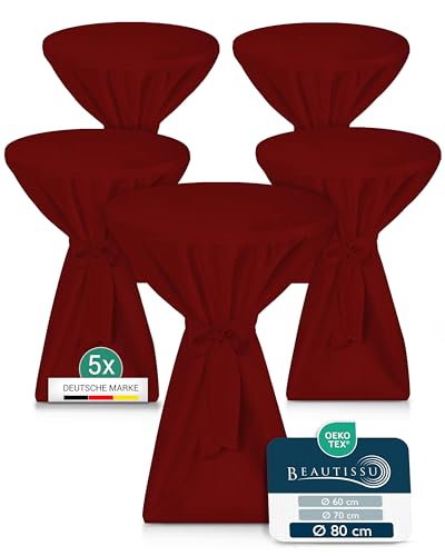 Beautissu 5X Premium Stehtischhusse Blickdicht Bordeaux Ø 80-85 cm – rutschfest Bügelfrei & 40°C Waschbar Stehtischüberzug mit Schleifenband – Husse für Stehtisch Bistrotisch Bartisch Gastronomie von Beautissu