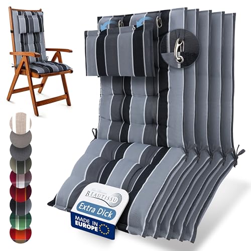 Beautissu 5er Set Premium Hochlehner Auflage Kopfpolster 120x50cm Sun-HL – 8cm Dick Polster Gartenstuhlauflage rutschfest Befestigungsbänder UV-Lichtechtheit 5 – Robust Stoff Anthrazit gestreift von Beautissu