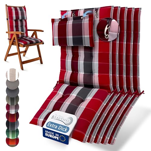 Beautissu 5er Set Premium Hochlehner Auflage Kopfpolster 120x50cm Sun-HL – 8cm Dick Polster Gartenstuhlauflage rutschfest Befestigungsbänder UV-Lichtechtheit 5 – Robust Stoff Rot Anthrazit gestreift von Beautissu