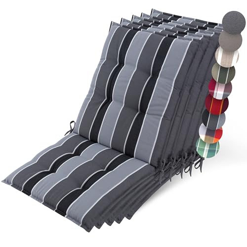 Beautissu 5er Set Premium Niedriglehner Auflage Gartenstuhl 100x50cm Sun-NL – 8cm Dick Polster Gartenstuhlauflage rutschfest Befestigungsbänder UV-Lichtechtheit 5 – Robust Stoff Anthrazit Gestreift von Beautissu