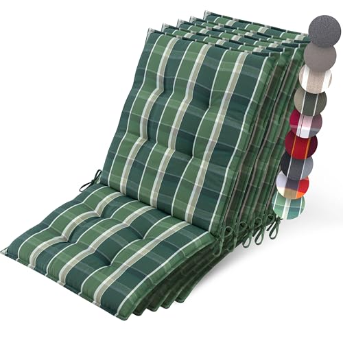 Beautissu 5er Set Premium Niedriglehner Auflage Gartenstuhl 100x50cm Sun-NL – 8cm Dick Polster Gartenstuhlauflage rutschfest Befestigungsbänder UV-Lichtechtheit 5 – Robust Stoff Grün kariert von Beautissu