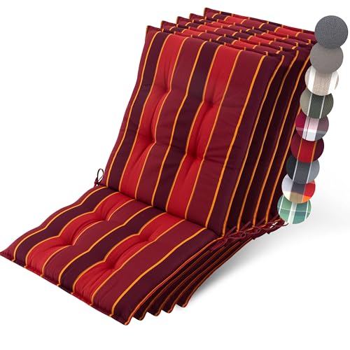 Beautissu 5er Set Premium Niedriglehner Auflage Gartenstuhl 100x50cm Sun-NL – 8cm Dick Polster Gartenstuhlauflage rutschfest Befestigungsbänder UV-Lichtechtheit 5 – Robust Stoff Rot Gestreift von Beautissu