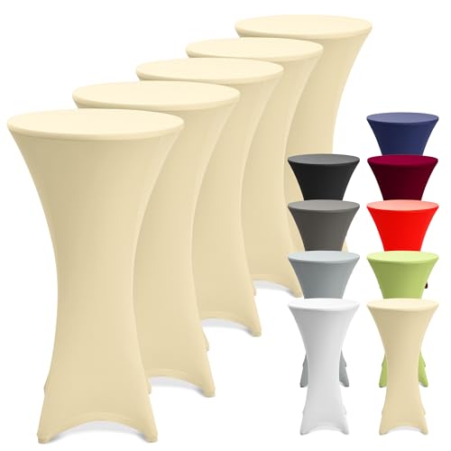 Beautissu 5er Set Stretch Stehtisch Hussen 80cm Creme – Waschbar Bügelfrei Stehtisch Hussen für Stehtische Stehtischhussen rutschfest Verstärkung Fußbereich Tischhusse Tischdecke Stehtisch – Stella von Beautissu