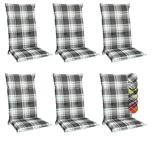 Beautissu 6er Set Hochlehner Auflagen Set Gartenstühle 120x50 cm Polster Mintgrün Kariert – 6cm Dicke Polsterauflage Bequem, rutschfest & UV-Lichtecht 5 – Stuhlkissen Sitzauflage – Sunny MK von Beautissu