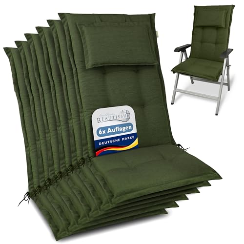 Beautissu 6er Set Premium Gartenstuhlauflage Hochlehner 120x50x7cm Dicke Polster Gartenstuhlauflage Hochlehner Auflagen Made in EU - Robuster Stoff & UV-Lichtechtheit HighLux HL Sitzkissen Dunkelgrün von Beautissu
