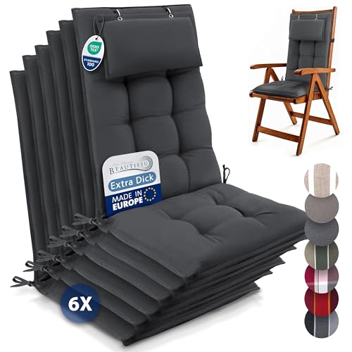 Beautissu 6er Set Premium Hochlehner Auflage mit Kopfpolster 120x50cm Sun-HL – 8cm Dick Polster Gartenstuhlauflage rutschfest Befestigungsbänder UV-Lichtechtheit 5 – Robust Stoff Uni Anthrazit von Beautissu
