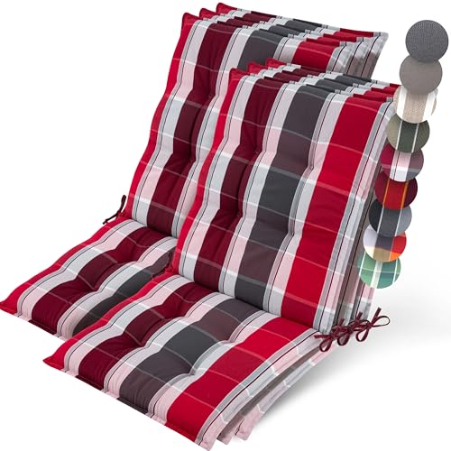 Beautissu 6er Set Premium Niedriglehner Auflage Gartenstuhl 100x50cm Sun-NL – 8cm Dick Polster Gartenstuhlauflage rutschfest Befestigungsbänder UV-Lichtechtheit 5 – Robust Rot-Anthrazit Gestreift von Beautissu