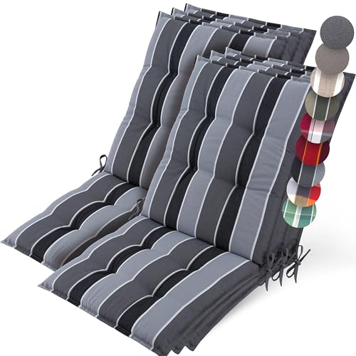 Beautissu 6er Set Premium Niedriglehner Auflage Gartenstuhl 100x50cm Sun-NL – 8cm Dick Polster Gartenstuhlauflage rutschfest Befestigungsbänder UV-Lichtechtheit 5 – Robust Stoff Anthrazit Gestreift von Beautissu