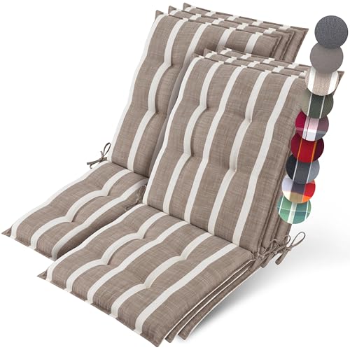 Beautissu 6er Set Premium Niedriglehner Auflage Gartenstuhl 100x50cm Sun-NL – 8cm Dick Polster Gartenstuhlauflage rutschfest Befestigungsbänder UV-Lichtechtheit 5 – Robust Stoff Beige-Weiß Gestreift von Beautissu