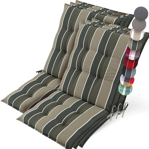 Beautissu 6er Set Premium Niedriglehner Auflage Gartenstuhl 100x50cm Sun-NL – 8cm Dick Polster Gartenstuhlauflage rutschfest Befestigungsbänder UV-Lichtechtheit 5 – Robust Stoff Grün Gestreift von Beautissu