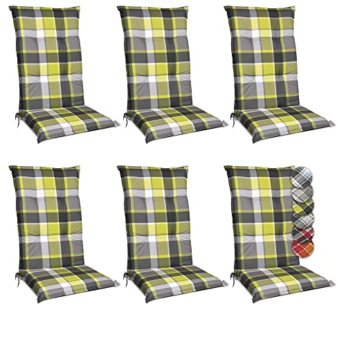 Beautissu 6er Set Hochlehner Auflagen Set Gartenstühle 120x50 cm Polster Grün Kariert – 6cm Dicke Polsterauflage Bequem, rutschfest & UV-Lichtecht 5 – Stuhlkissen Sitzauflage – Sunny GR von Beautissu