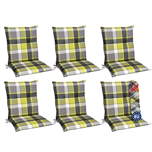 Beautissu 6er Set Sunny GR Niedriglehner Auflagen Set für Gartenstühle 100x50 cm Polster in Grün Kariert - Bequeme Gartenstuhl Stuhlkissen Polsterauflagen mit UV-Lichtecht von Beautissu
