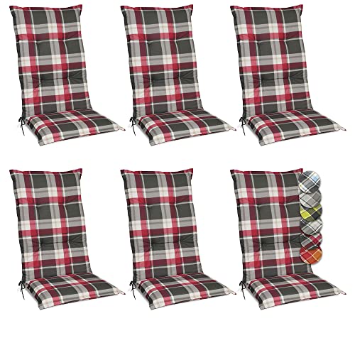 Beautissu 6er Set Hochlehner Auflagen Set Gartenstühle 120x50 cm Polster Rot Kariert – 6cm Dicke Polsterauflage Bequem, rutschfest & UV-Lichtecht 5 – Stuhlkissen Sitzauflage – Sunny RK von Beautissu