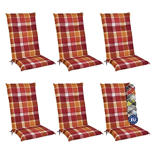 Beautissu 6er Set Sunny RO Hochlehner Auflagen Set für Gartenstühle 120x50 cm Polster in Rot Kariert - Bequeme Gartenstuhl Stuhlkissen Polsterauflagen mit UV-Lichtecht von Beautissu